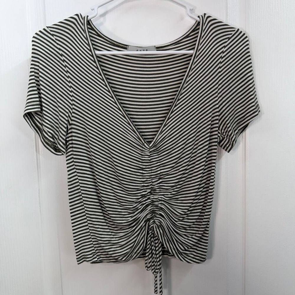 Gaze green cream striped ruched v-neck‎ stretch short sleeve blouse shirt casual